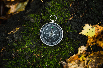 Сompass laying on the green moss in autumn forest. Shot from above. Autumn background.