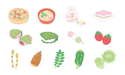 春の食べ物、食材のイラストセット