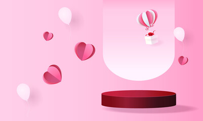 3d podium red product background for valentine.pink and heart love romance concept design vector illustation decoration banner 