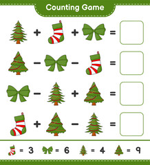 Counting game, count the number of Christmas Tree, Ribbon, Christmas Sock and write the result. Educational children game, printable worksheet, vector illustration