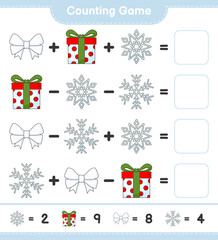 Counting game, count the number of Ribbon, Snowflake, Gift Box and write the result. Educational children game, printable worksheet, vector illustration