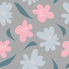 flowers and leaves seamless pattern hand drawn doodle. vector, minimalism. floral print, wallpaper, textiles, wrapping paper, decor.