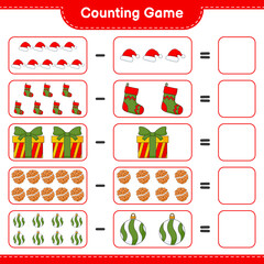 Counting game, count the number of Christmas Ball, Hat, Sock, Gift Box, Cookies and write the result. Educational children game, printable worksheet, vector illustration