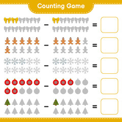 Counting game, count the number of Snowflake, Ribbon, Tree, Christmas Ball, Gingerbread Man and write the result. Educational children game, printable worksheet, vector illustration