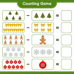 Counting game, count the number of Snowflake, Ribbon, Tree, Christmas Ball, Gingerbread Man and write the result. Educational children game, printable worksheet, vector illustration