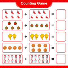 Counting game, count the number of Gift Box, Sock, Christmas Ball, Ribbon, Cookies and write the result. Educational children game, printable worksheet, vector illustration