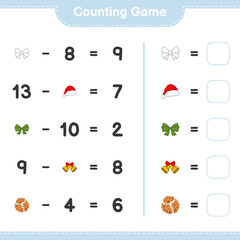 Counting game, count the number of Ribbon, Hat, Christmas Bell, Cookies and write the result. Educational children game, printable worksheet, vector illustration