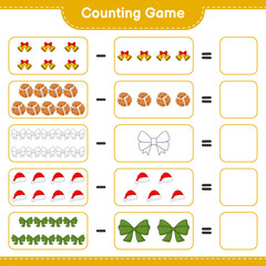 Counting game, count the number of Ribbon, Hat, Christmas Bell, Cookies and write the result. Educational children game, printable worksheet, vector illustration
