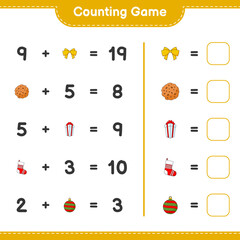 Counting game, count the number of Gift Box, Sock, Christmas Ball, Ribbon, Cookies and write the result. Educational children game, printable worksheet, vector illustration