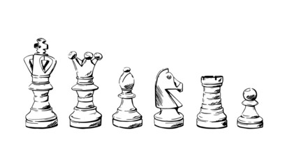 Set of chess pieces sketch. 6 hand-drawn black chess game. Vector illustration - obrazy, fototapety, plakaty