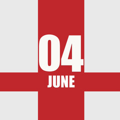 june 4. 4th day of month, calendar date.White numbers and text on red intersecting stripes. Concept of day of year, time planner, summer month