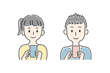 手描き風・スマートフォンの画面を見る笑顔の少年・少女のベクターイラスト