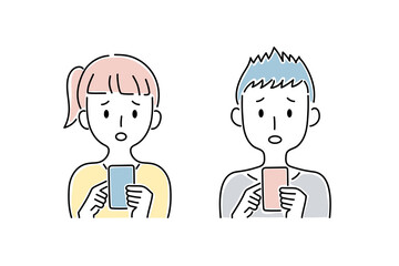 手描き風・スマートフォンの画面を見る困った表情の少年・少女のベクターイラスト