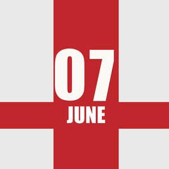 june 7. 7th day of month, calendar date.White numbers and text on red intersecting stripes. Concept of day of year, time planner, summer month