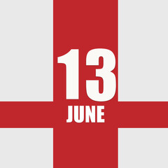 june 13. 13th day of month, calendar date.White numbers and text on red intersecting stripes. Concept of day of year, time planner, summer month
