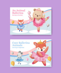 Facebook template with Fairy ballerinas animals concept,watercolor style