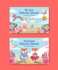 Facebook template with Fairy ballerinas animals concept,watercolor style