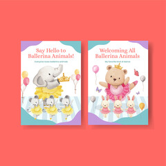 Greeting card template with Fairy ballerinas animals concept,watercolor style