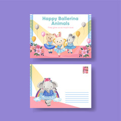 Postcard template with Fairy ballerinas animals concept,watercolor style