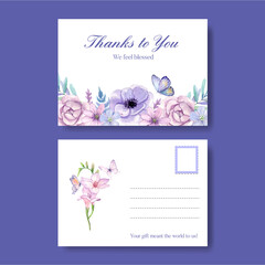 Postcard template with peri spring flower concept,watercolor style