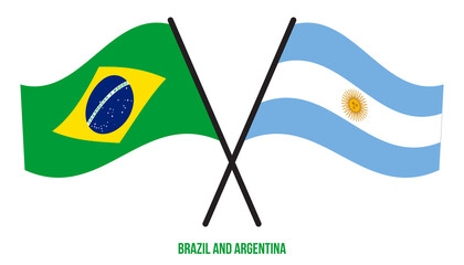 Brazil and Argentina Flags Crossed And Waving Flat Style. Official Proportion. Correct Colors.