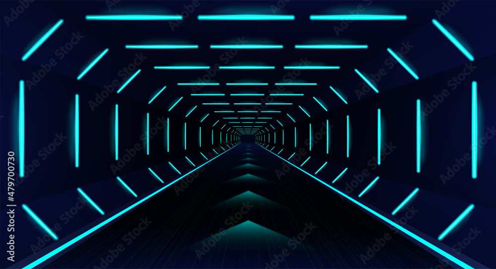 Aufkleber Futuristic cyberspace - highway. Deep corridor with neon lights. Speed motion background with glove and light effects. Futuristic Highway cyberspace for auto and spaceship. Vector background