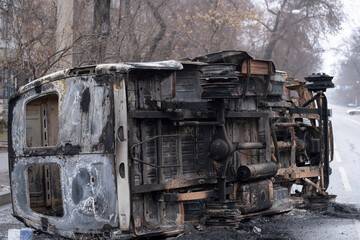 January 08, 2022 Kazakhstan, Almaty. Consequences of riots in the city, destroyed equipment and infrastructure of the city. Consequences of the terrorist attack on the city of Almaty.