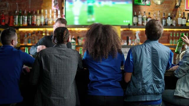 Football fans of different races drink beer and enjoy scoring a goal during a football match, watch the match sitting in a bar on tv, back view.