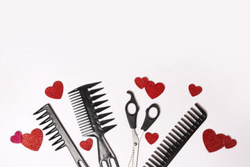 Valentines day white background with hairdressing tools and red hearts. salon accessories