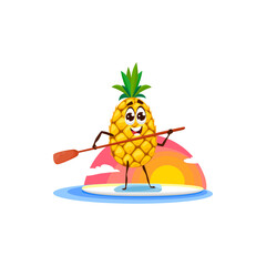 Pineapple funny cartoon character surfing on surfboard with paddle at sunset isolated. Vector smiling ananas on vacation, exotic tropical fruit on rest, kawaii emoticon. Leisure beach sport activity