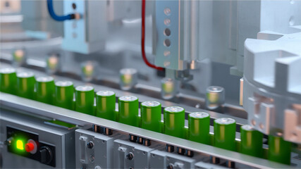 Production of lithium ion batteries. Battery factory. 3D illustration. 3D rendering.