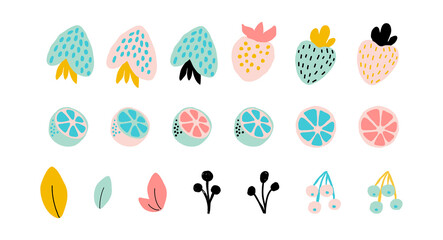 Abstract fruits set in contemporary papercut style. Vector illustration strawberry, cherry, citrus, orange. Trendy shapes exotic fruits.Botanical mix, collage art. Isolated on white background.