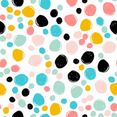 Hand drawn circle pattern of brush stroke. Vector seamless pattern with geometric texture shapes. Abstract background of polka dot style in pastel colors. Decorative print with texture round shapes.