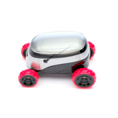 Automated Delivery Robot Service . Modern Smart Wireless Robot Delivers Goods or Food to a Customer. New Technological Iot Business Industry of Delivery Logistic of Online Shop. 3d illustration
