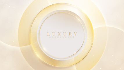 Elegant cream shade background with golden circle line elements. Glitter light effects and bokeh. 3d modern concept. vector illustration for design.