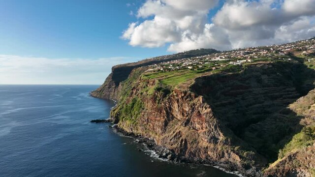Coastline of Madeira Portugal beautifull sunny island the atlantic ocean aerial drone view. Aerial drone view.