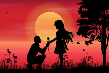 cute couple fall in love silhouette