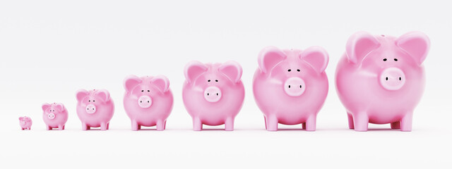 Piggy Banks Growing in Size. Front View. 3D Rendering Illustration. Isolated On White Background. Cute Pink Personal Savings Bank.
