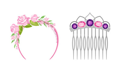 Hair accessories for girlish hairstyle set. Pink headband wih flowers and hair comb cartoon vector illustration