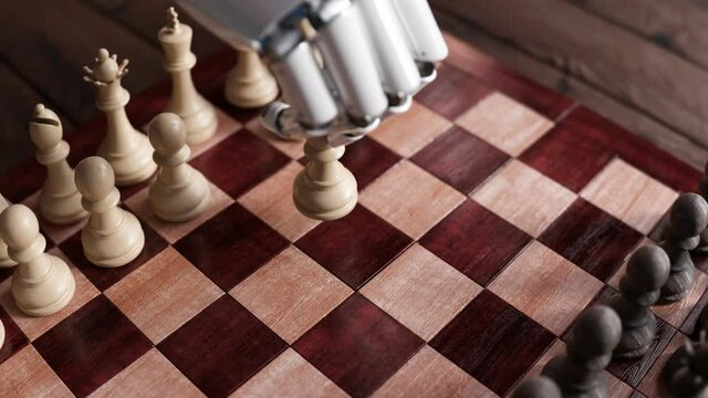 Shiny futuristic robotic arm playing chess. Artificial intelligence algorithm.
