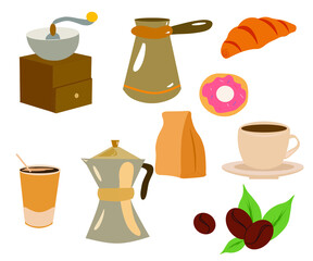 vector illustration of coffee set, coffee mugs and equipment, croissant and donut in flat graphics and cartoon style on a white background