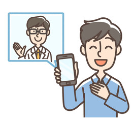 スマートフォンで診察を受けている男性