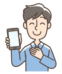 スマートフォンを持って安心している男性