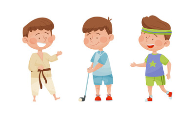 Cute kids playing various sports set. Boys practicing karate, golf and running cartoon vector illustration