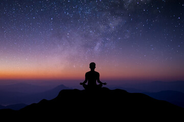 Silhouette of young female sitting practices yoga and meditating in lotus position alone on top of the mountain with night sky, star, Milky Way and meteor. She felt calm and happy.