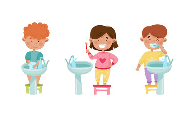 Cute happy kids daily routine set. Children washing their hands with soap and brushing their teeth cartoon vector illustration
