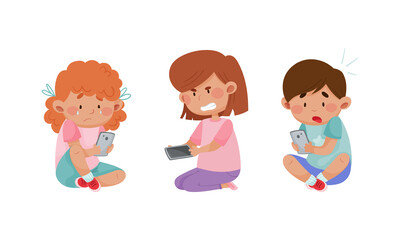 Upset and angry kids using mobile phones. Internet and smartphone addiction, cyberbullying cartoon vector illustration