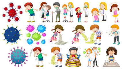 Set of sick people with different symptoms