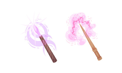 Fototapeta na wymiar Fairy magic wands with pink sparkles set. Fairy sticks cartoon vector illustration