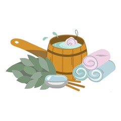 Cartoon set of bath and sauna accessories, spa treatments. Hygiene products. Birch broom, soap, bath with water, towels, washcloth. Folk remedies for health improvement. Vector flat isolated design.